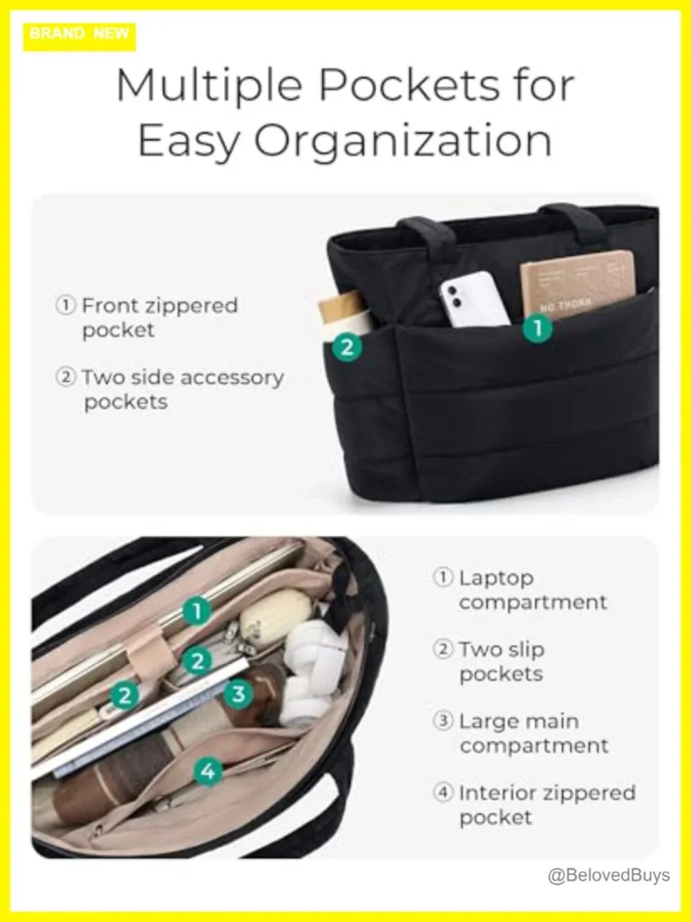 Lightweight Puffy Tote Bag with Compartments Shoulder Bag Handbag for Travel,